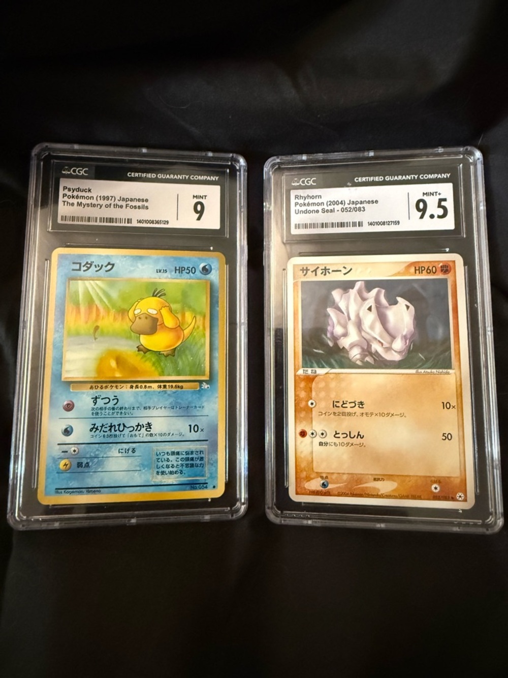 CGC Graded Psyduck & Rhyhorn Japanese Pokémon Cards - Blue & Brown